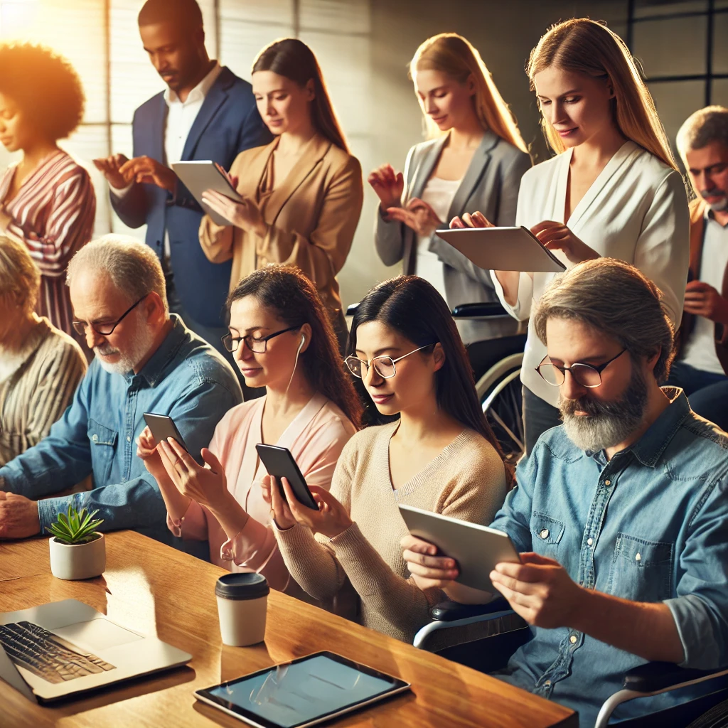 Diverse group using accessible digital devices - Accessibility for Businesses