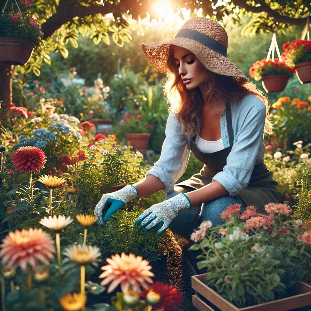 Aubrey, a small business owner, is seen working in her lush garden, carefully tending to a variety of colorful flowers. She wears a sun hat and gardening gloves, reflecting her dedication to floriculture. The vibrant garden, filled with blooming flowers, highlights Aubrey's passion and commitment to her craft, creating a serene and productive environment. This image represents the foundation of her successful e-commerce business, which prioritizes accessibility and customer care.