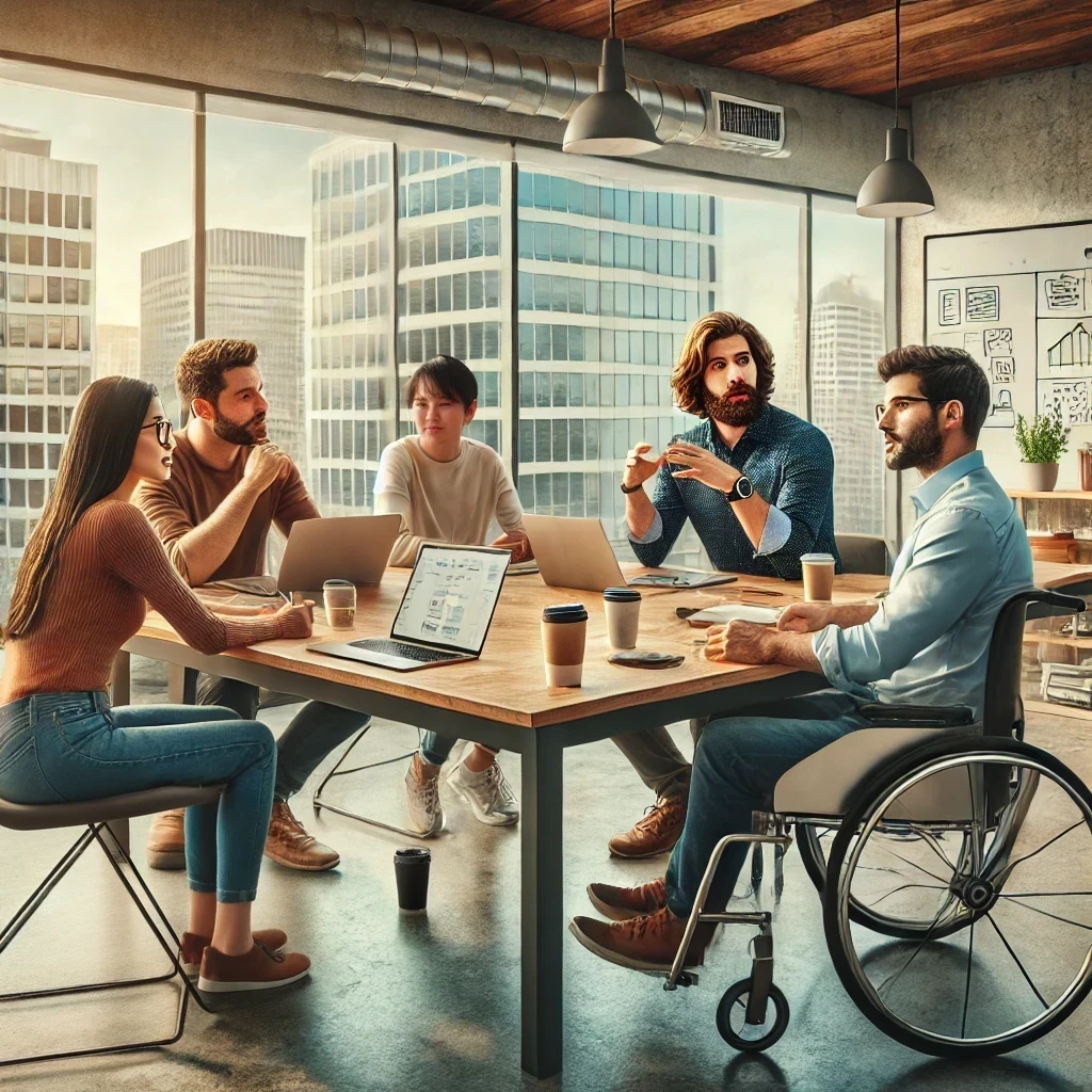 Five employees sitting around a conference table. One of them is in a wheelchair and the others are discussing Disability Employment Awareness